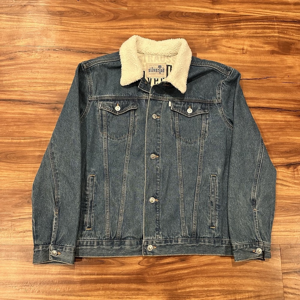 Levis SilverTab Jacket Womens XL Blue Sherpa Fleece Lined Denim Jean Coat Warm